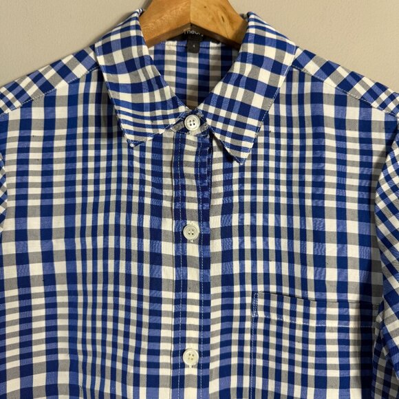 Theory Mayvine Dillon Plaid Linen Mini Shirt Dress Women 4 Blue White Preppy NWT - Picture 8 of 16